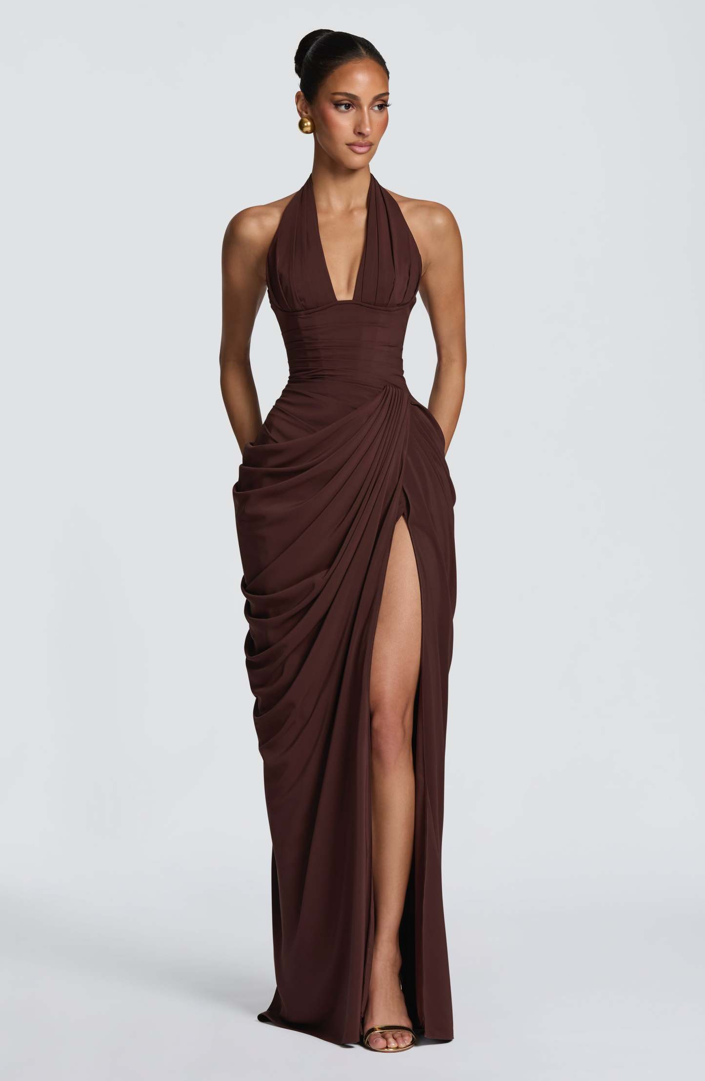 Minette Halter Maxi Dress - Chocolate Brown
