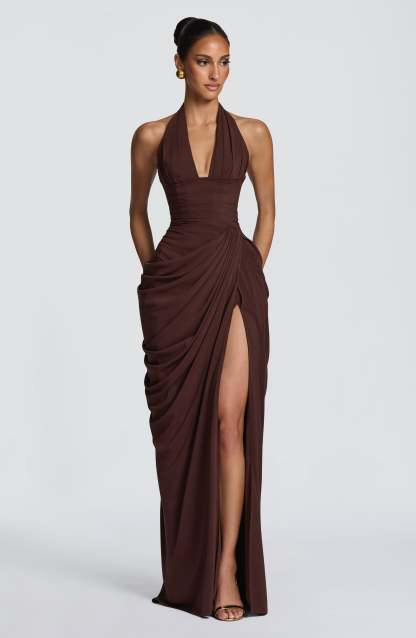 Minette Halter Maxi Dress - Chocolate Brown