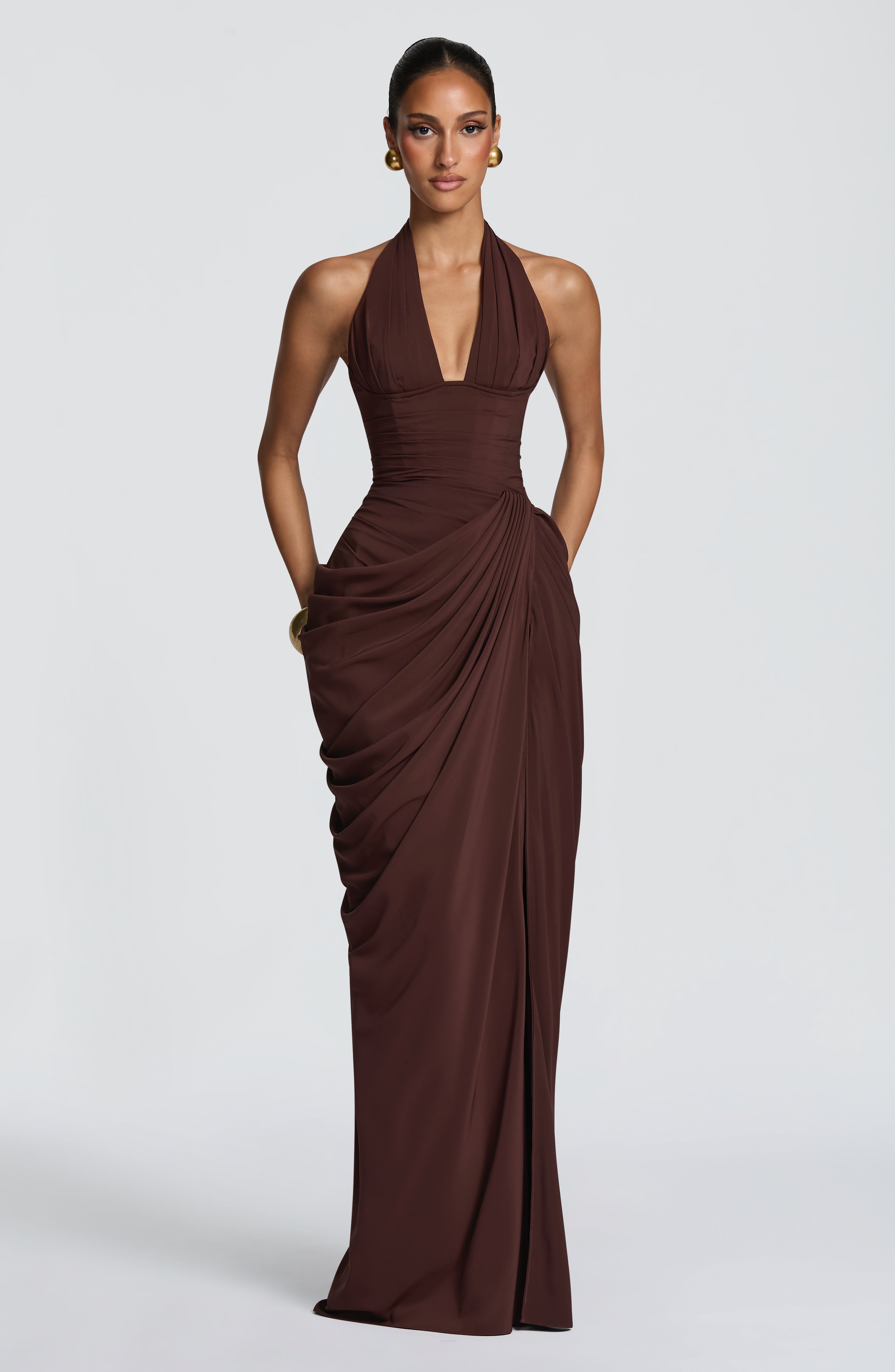 Minette Halter Maxi Dress - Chocolate Brown