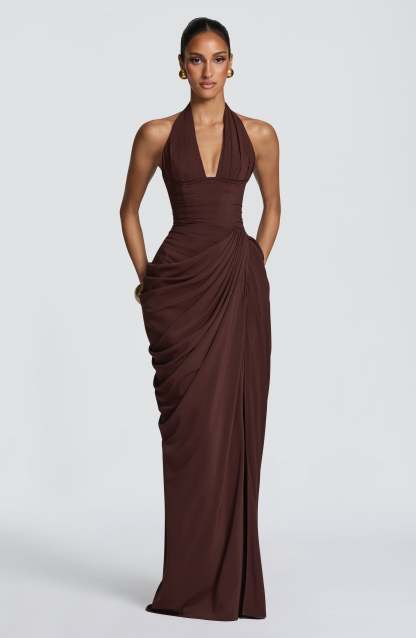 Minette Halter Maxi Dress - Chocolate Brown