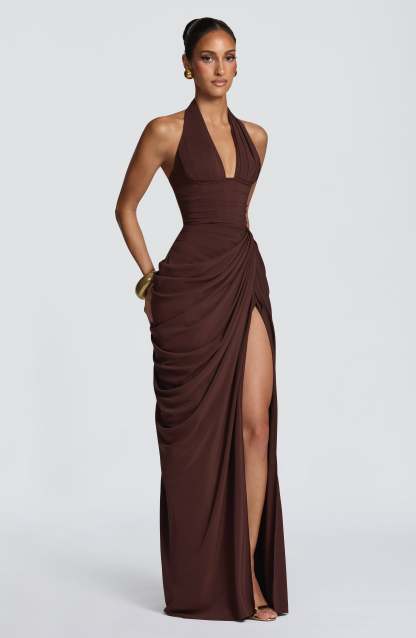 Minette Halter Maxi Dress - Chocolate Brown
