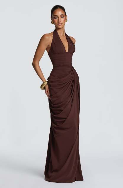 Minette Halter Maxi Dress - Chocolate Brown