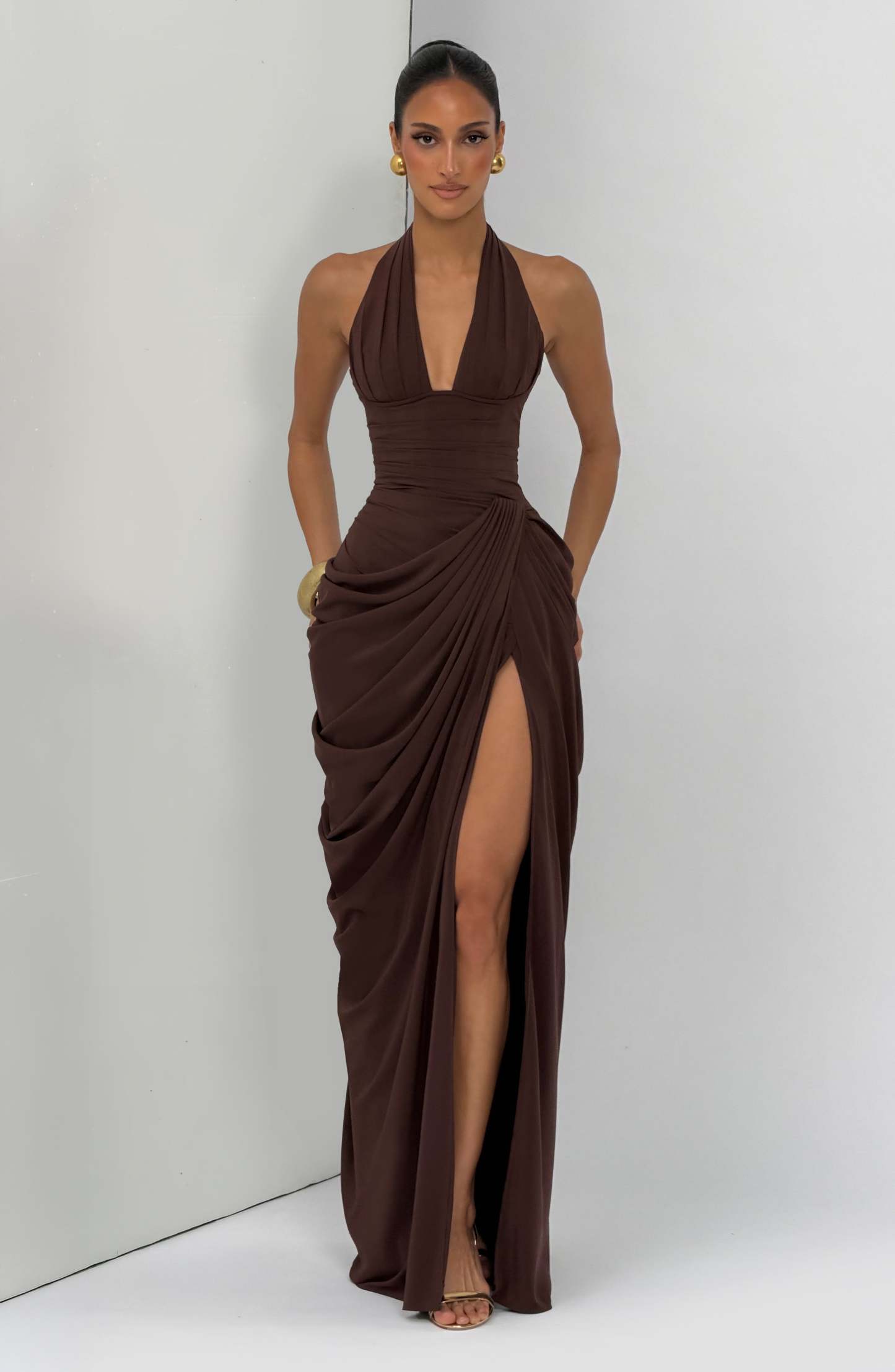 Minette Halter Maxi Dress - Chocolate Brown