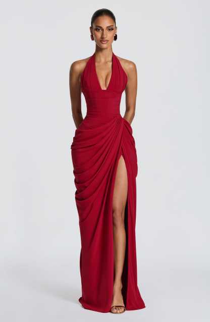 Minette Halter Maxi Dress - Deep Red