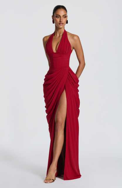Minette Halter Maxi Dress - Deep Red