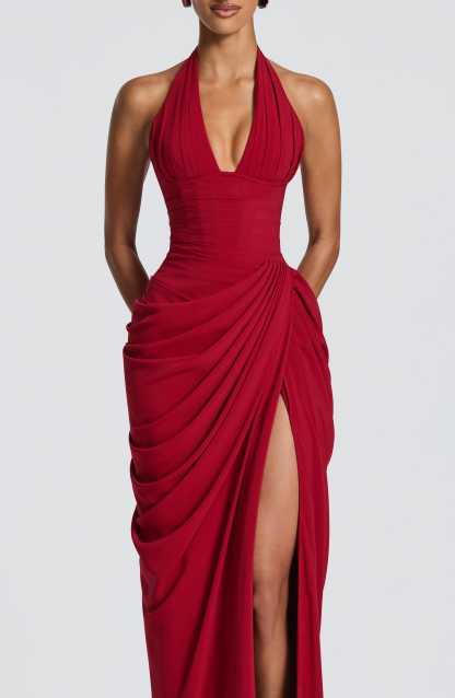 Minette Halter Maxi Dress - Deep Red