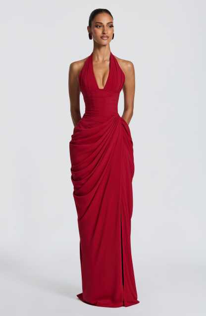 Minette Halter Maxi Dress - Deep Red