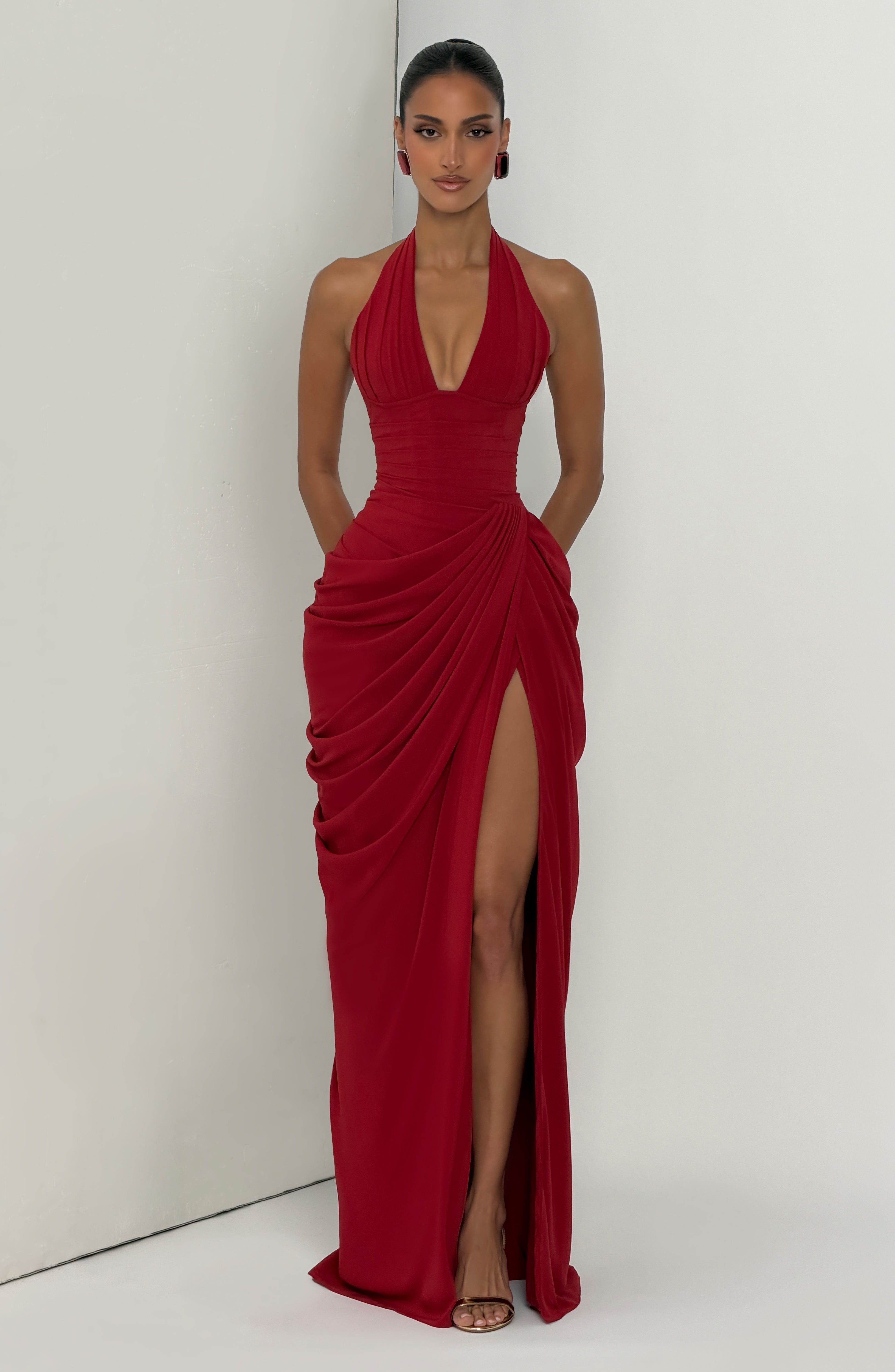 Minette Halter Maxi Dress - Deep Red