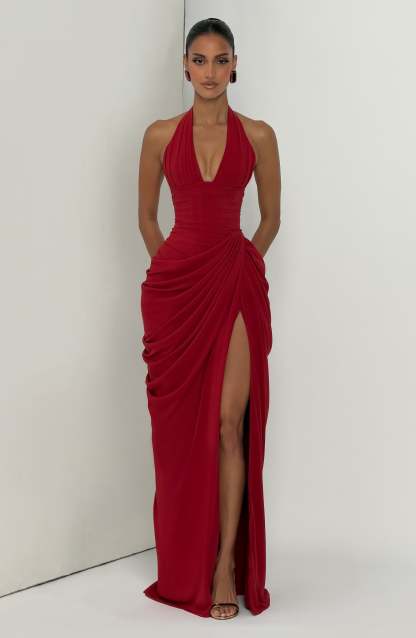 Minette Halter Maxi Dress - Deep Red