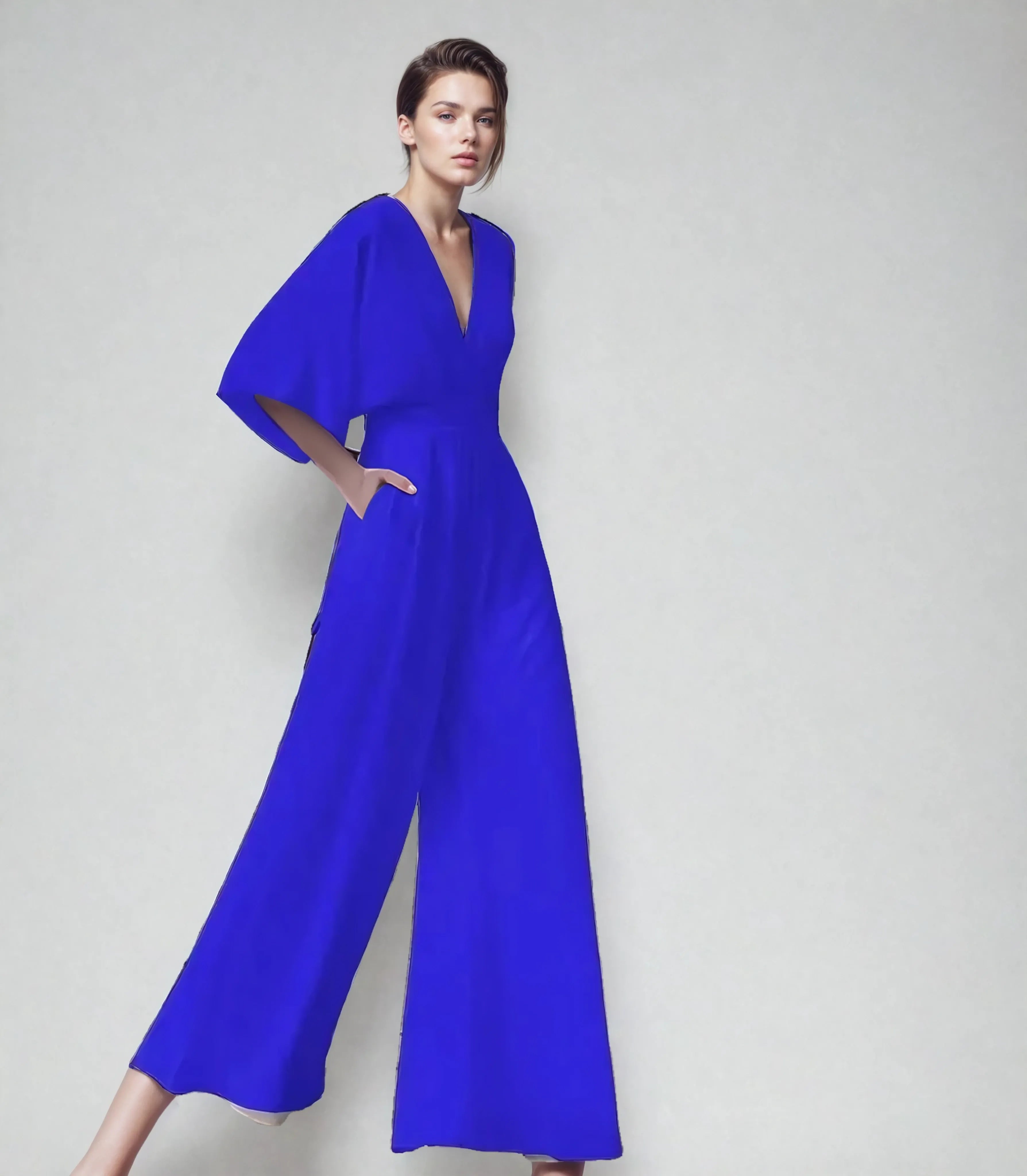 Royal blue formal jumpsuit with flutter sleeves and side pockets for women