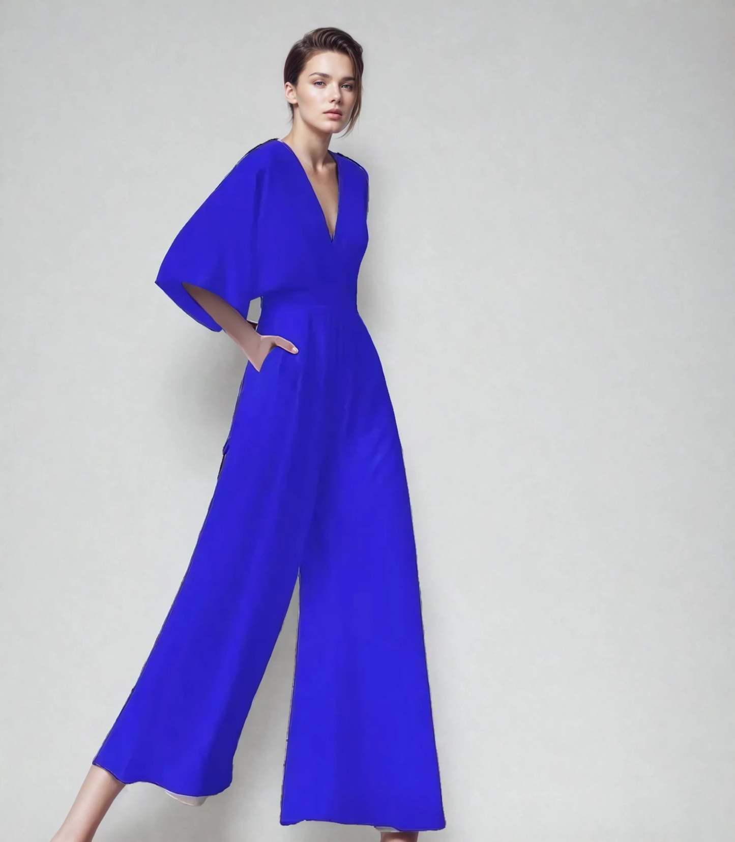 Royal blue formal jumpsuit with flutter sleeves and side pockets for women