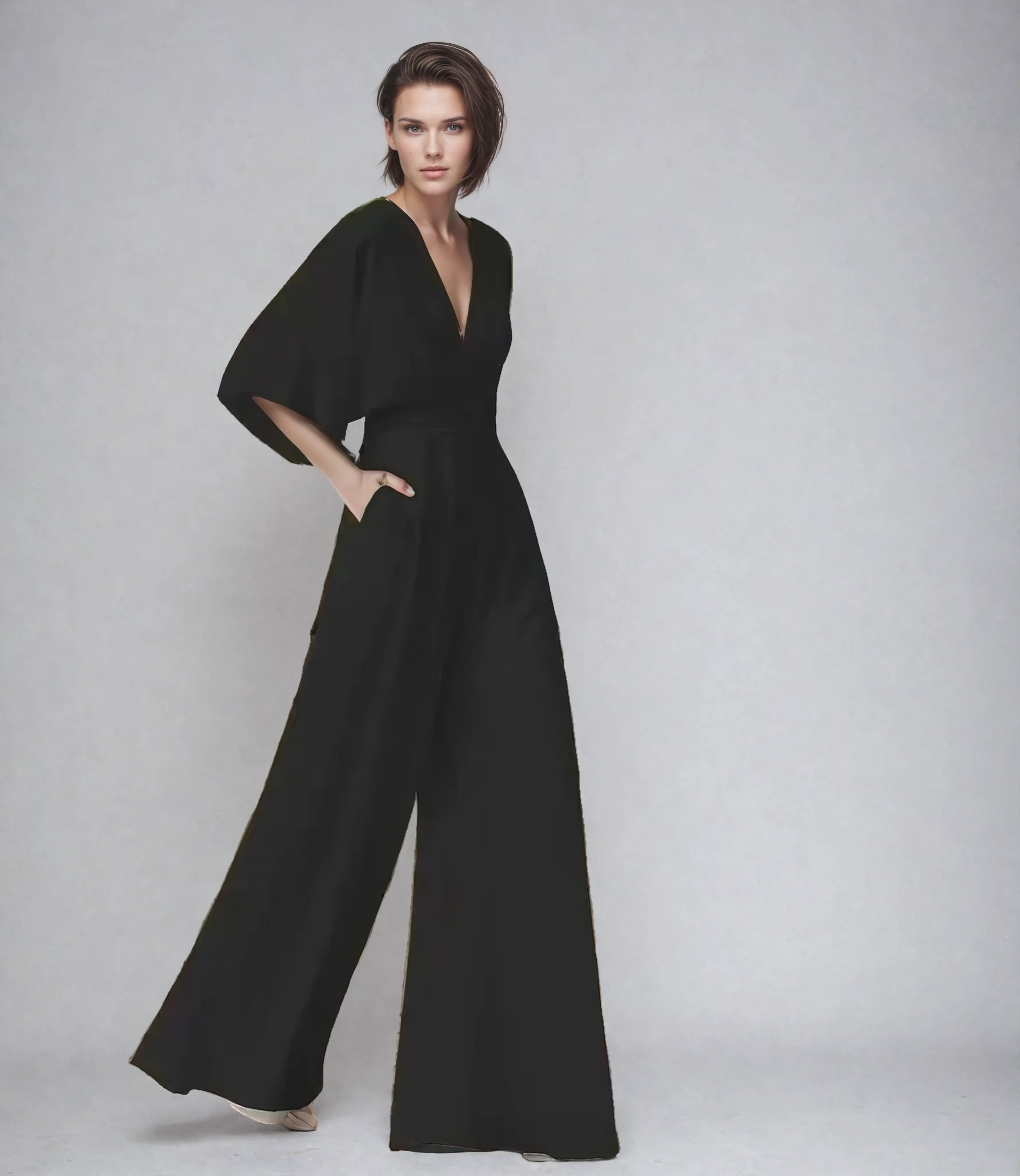 Black flutter sleeve V-neck jumpsuit with wide-leg cut for women