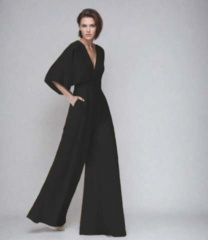 Black flutter sleeve V-neck jumpsuit with wide-leg cut for women