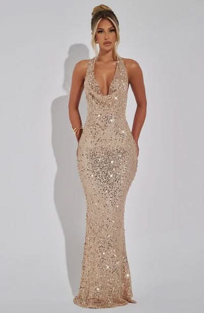Champagne beaded halter midi dress with V-neckline and backless silhouette