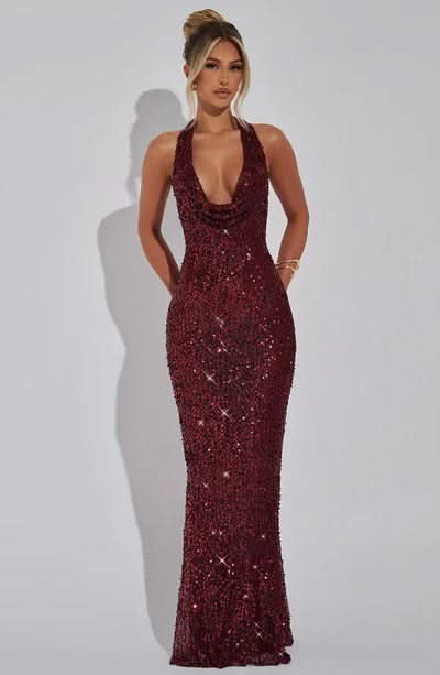 Burgundy sequined backless midi dress with halter neckline and pockets
