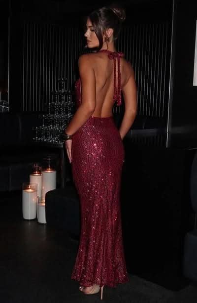 Back detail of burgundy sequin backless midi dress with tie closure