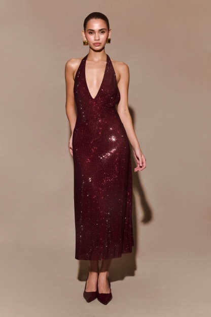 Burgundy sequin halter midi dress with deep V-neckline and open back