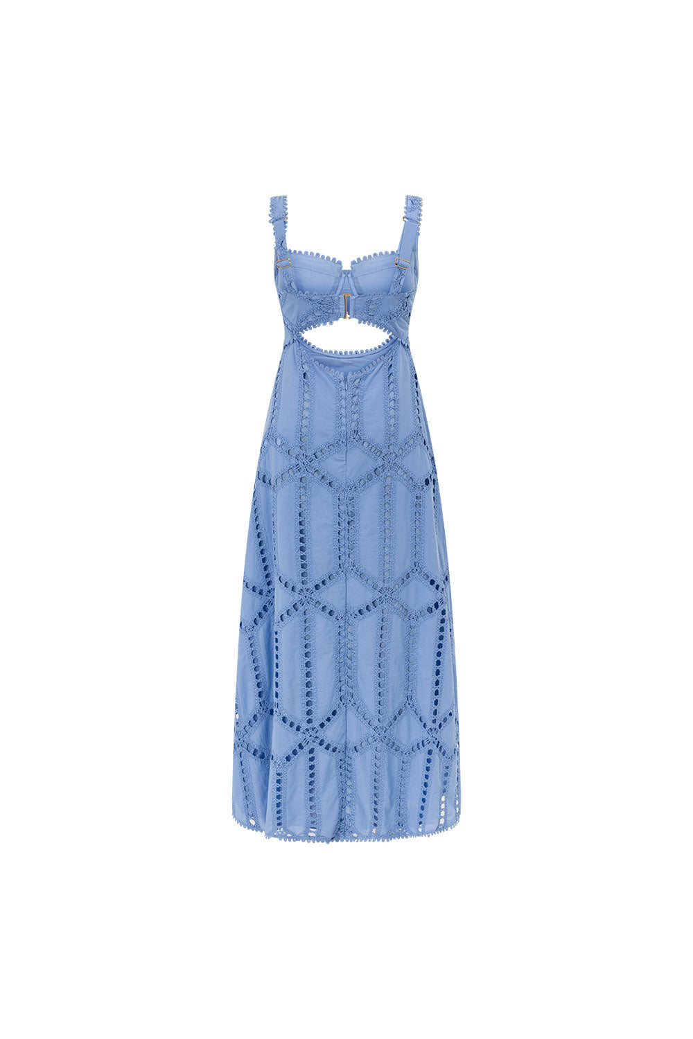 Periwinkle blue lace maxi dress flat lay showing square neckline and cutout details