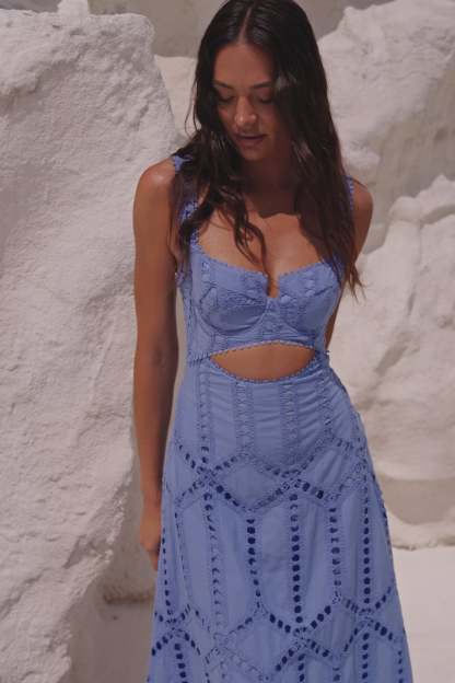 Periwinkle blue maxi dress front view showing eyelet lace and cutout bodice
