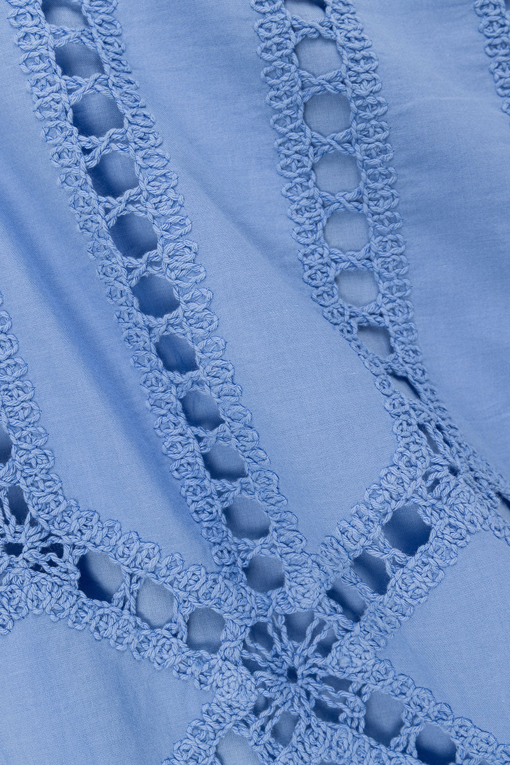 Close-up of blue lace fabric showing intricate eyelet and scalloped trim details