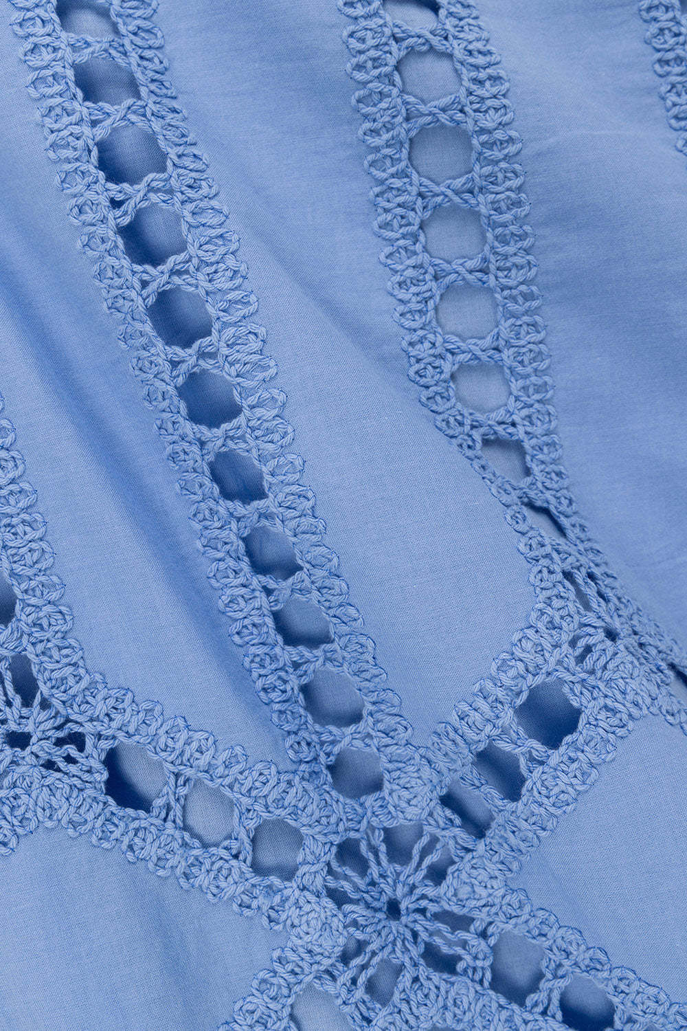 Close-up of blue lace fabric showing intricate eyelet and scalloped trim details