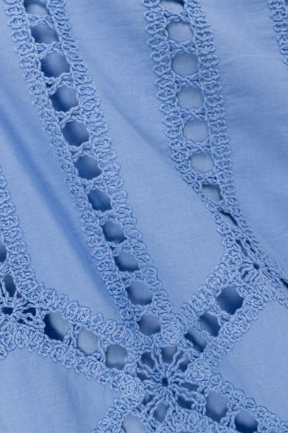 Close-up of blue lace fabric showing intricate eyelet and scalloped trim details