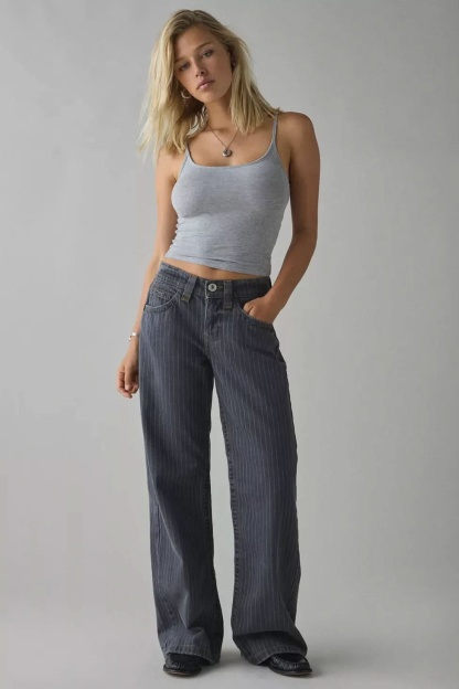 Dark indigo high-waisted pinstripe wide-leg jeans with full-length silhouette for women