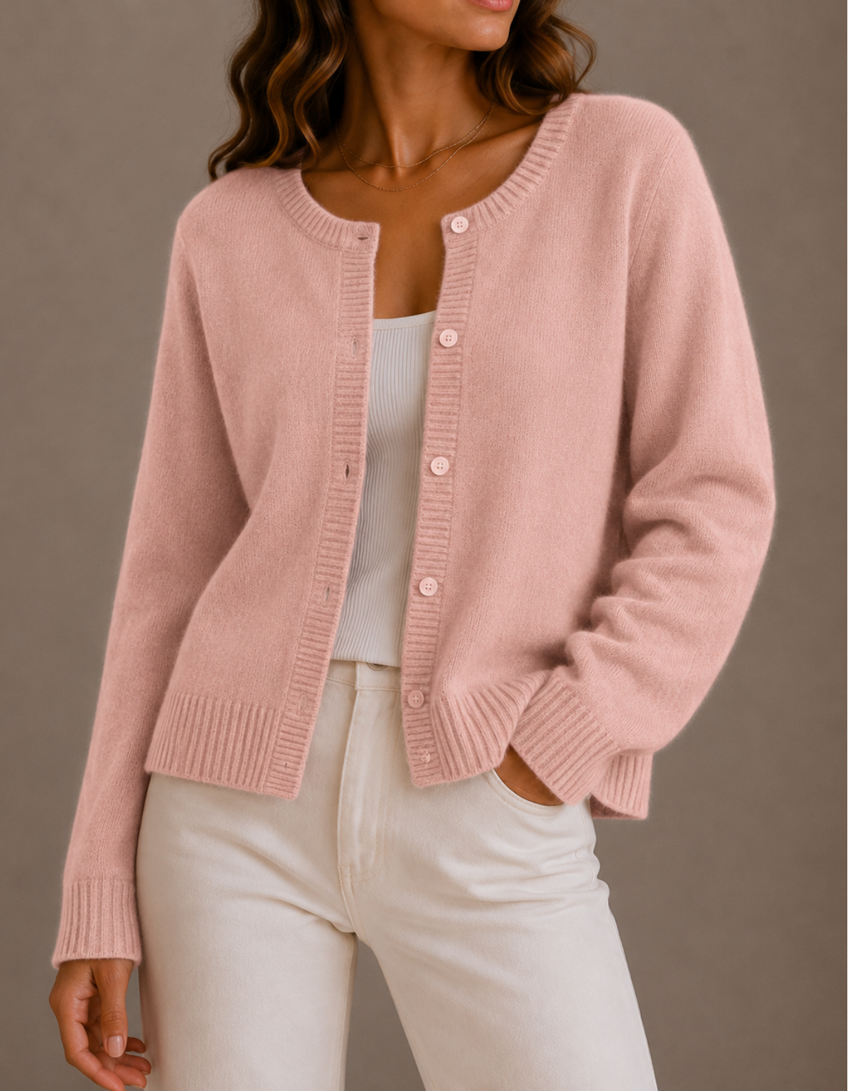 Nadira Knit Crew Neck Button Cardigan - Blush Pink
