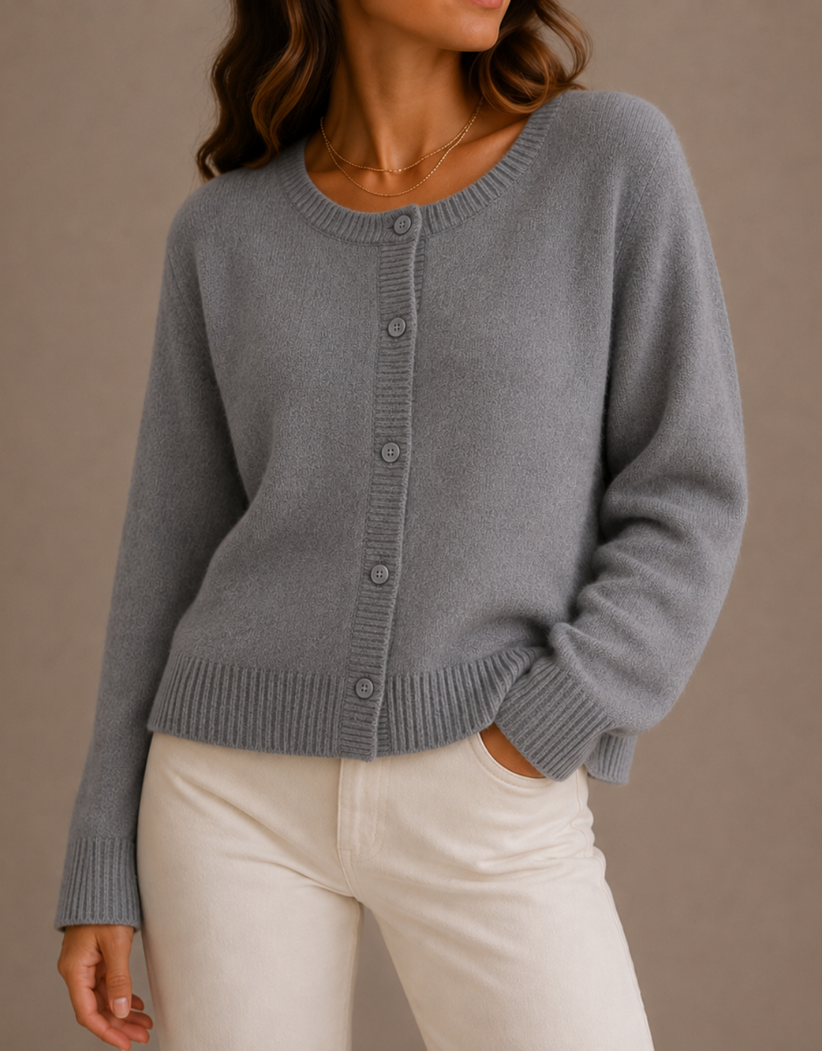 Nadira Knit Crew Neck Button Cardigan - Gray