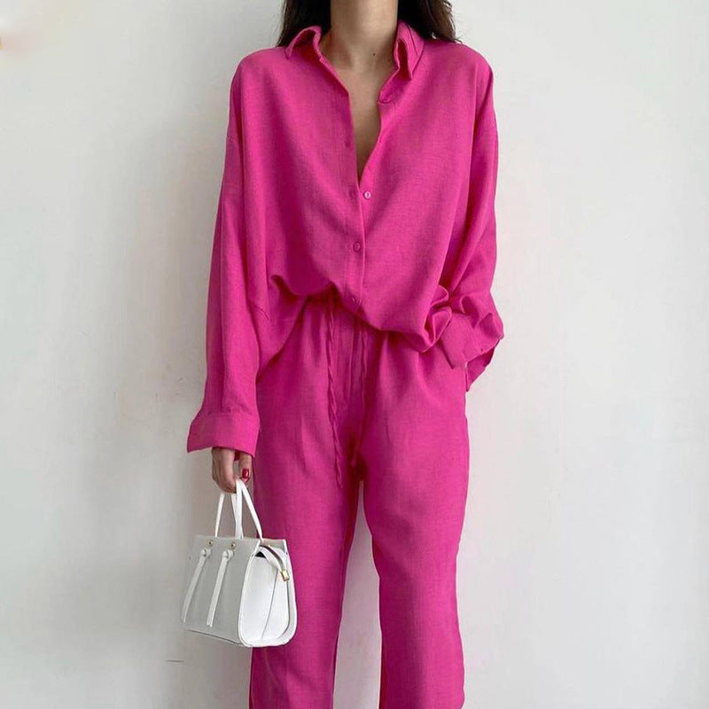 Fuchsia linen matching set with long sleeve collared shirt and wide-leg drawstring pants