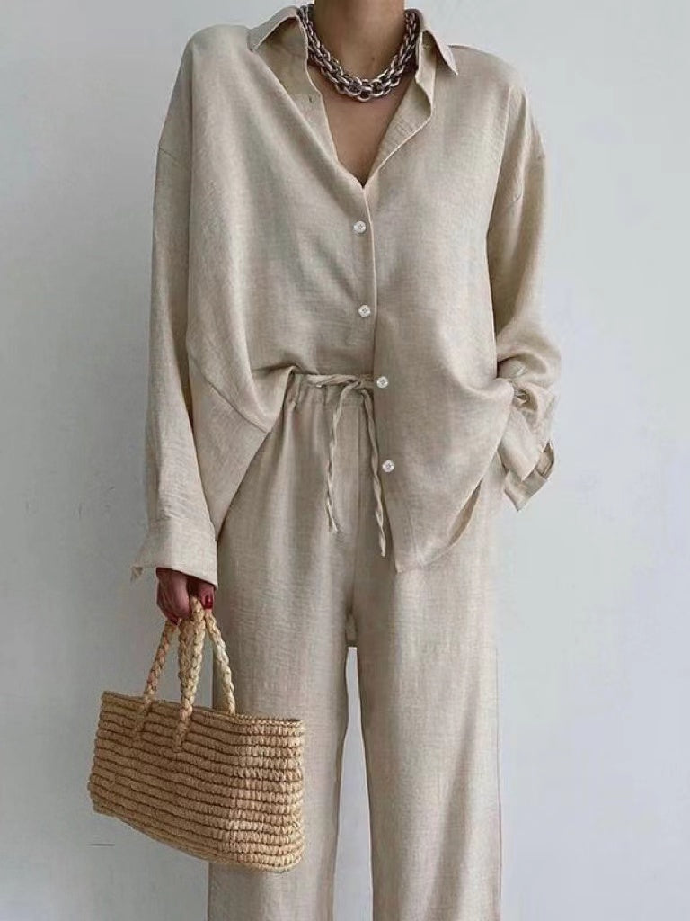 Cream linen button-up wide-leg pants set for women with oversized collared shirt
