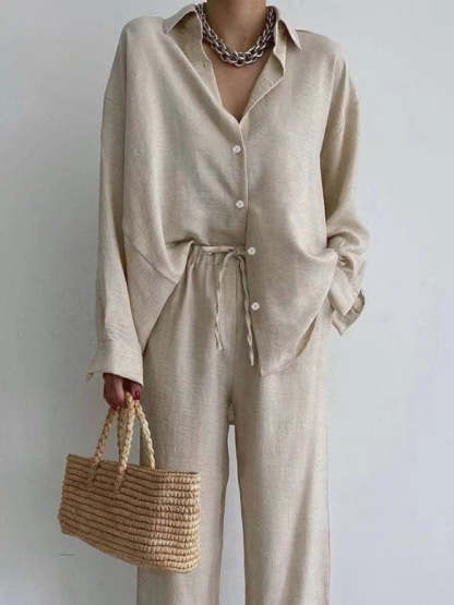 Cream linen button-up wide-leg pants set for women with oversized collared shirt