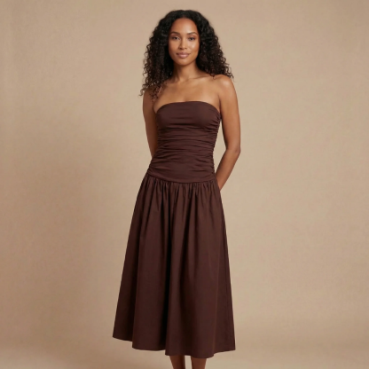 Chocolate brown strapless ruched maxi dress