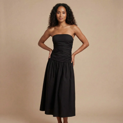 Black strapless ruched maxi dress with gathered skirt
