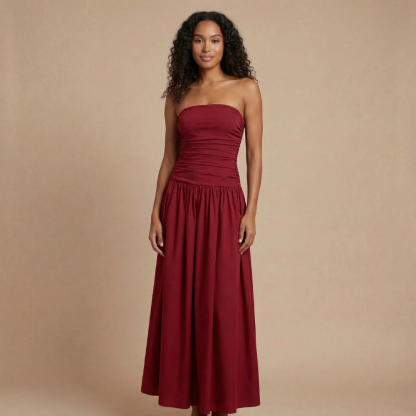 Burgundy strapless ruched maxi dress