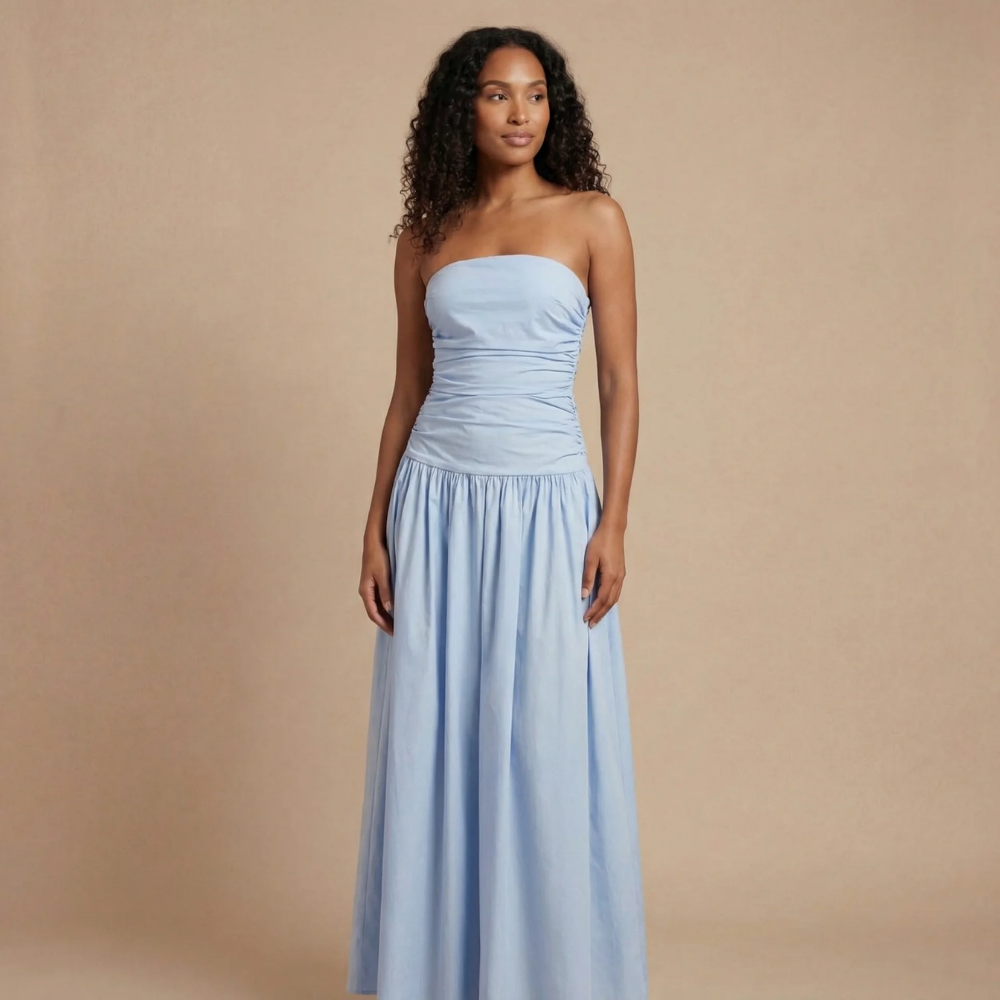 Light blue strapless ruched maxi dress