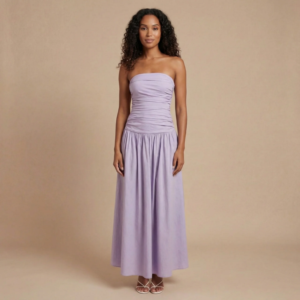 Lavender strapless ruched maxi dress