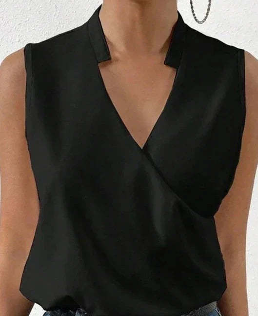 Black wrap notch collar sleeveless top with structured shoulders