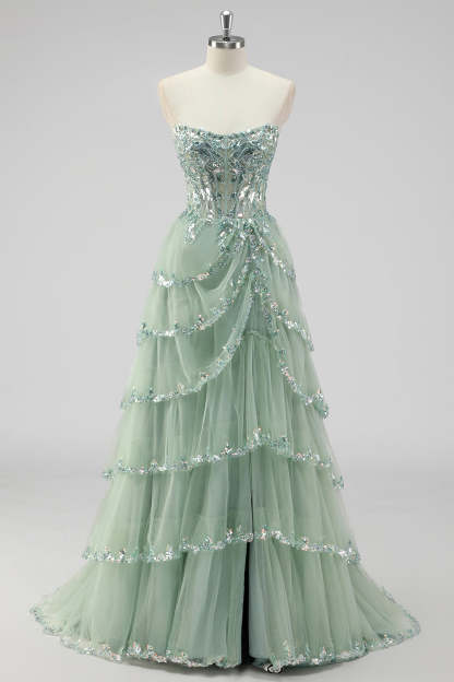 Nerys Sequin Tiered Gown - Sage Green