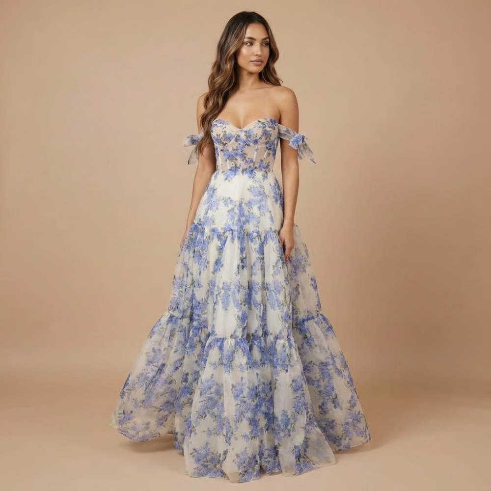 Cream and blue floral off-shoulder maxi dress with sweetheart neckline and tiered skirt for women