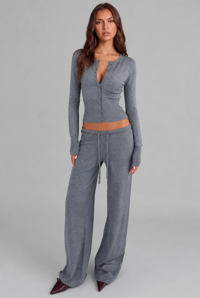 Oceane Ribbed Knit Trouser Set - Gray