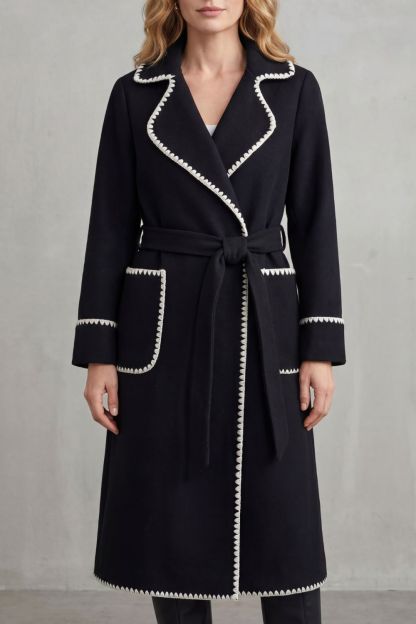 Olivia Contrast Trim Belted Longline Wrap Coat