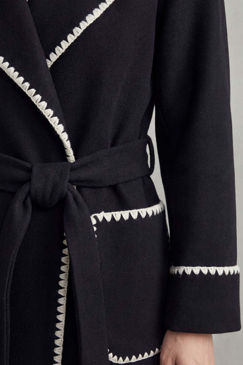 Olivia Contrast Trim Belted Longline Wrap Coat