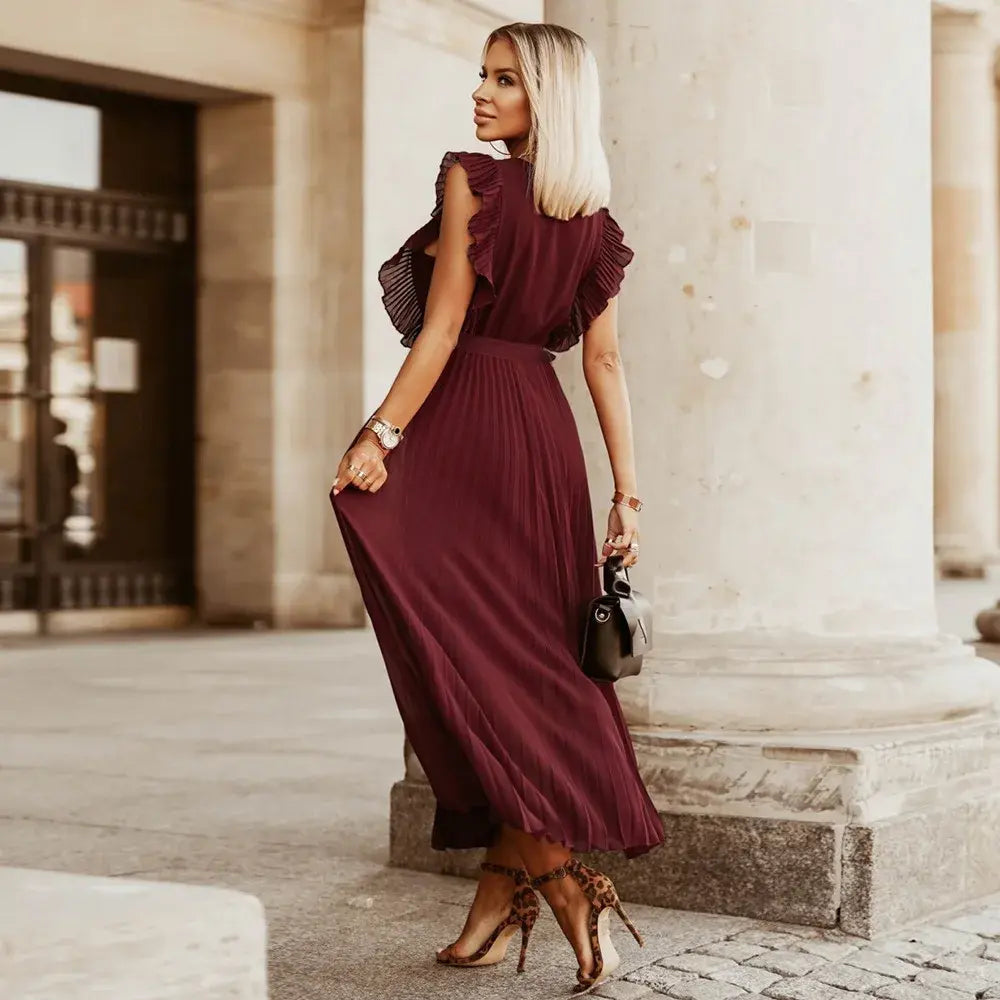 Burgundy ruffle maxi dress back view with textured shoulders