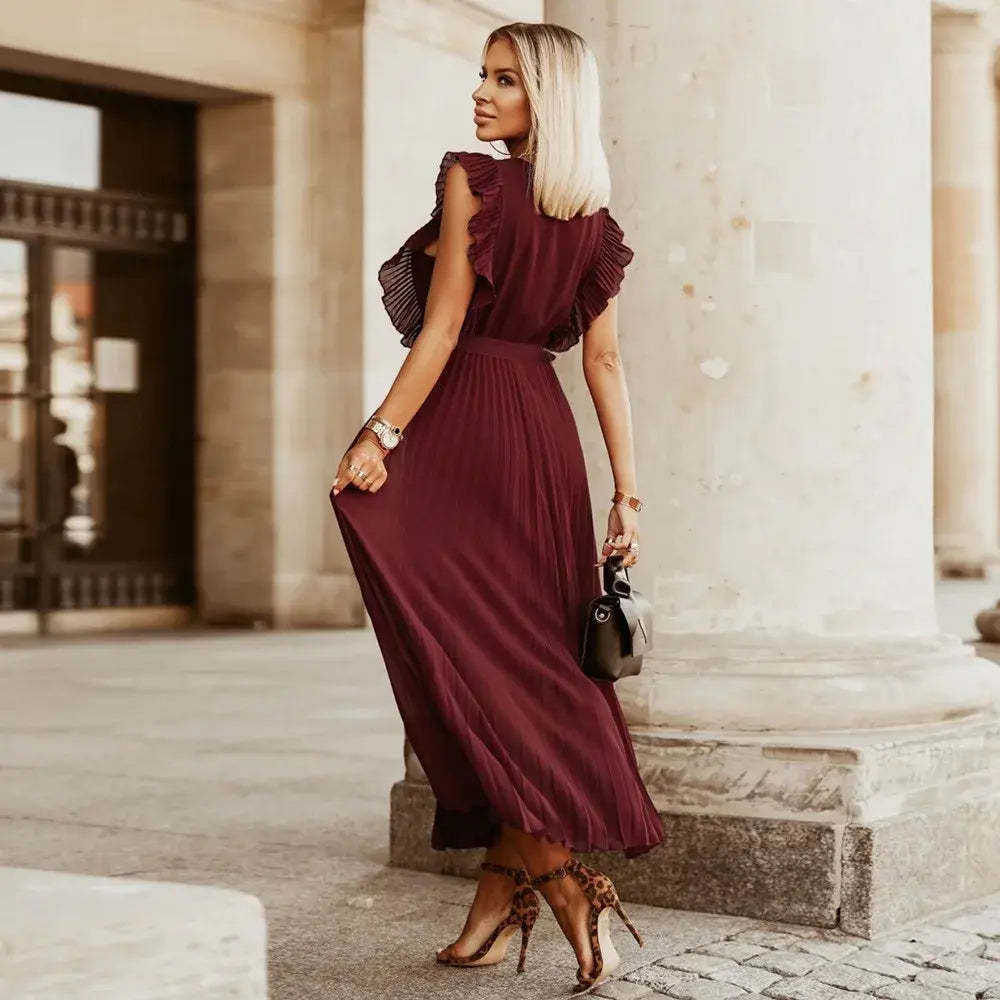 Burgundy ruffle maxi dress back view with textured shoulders