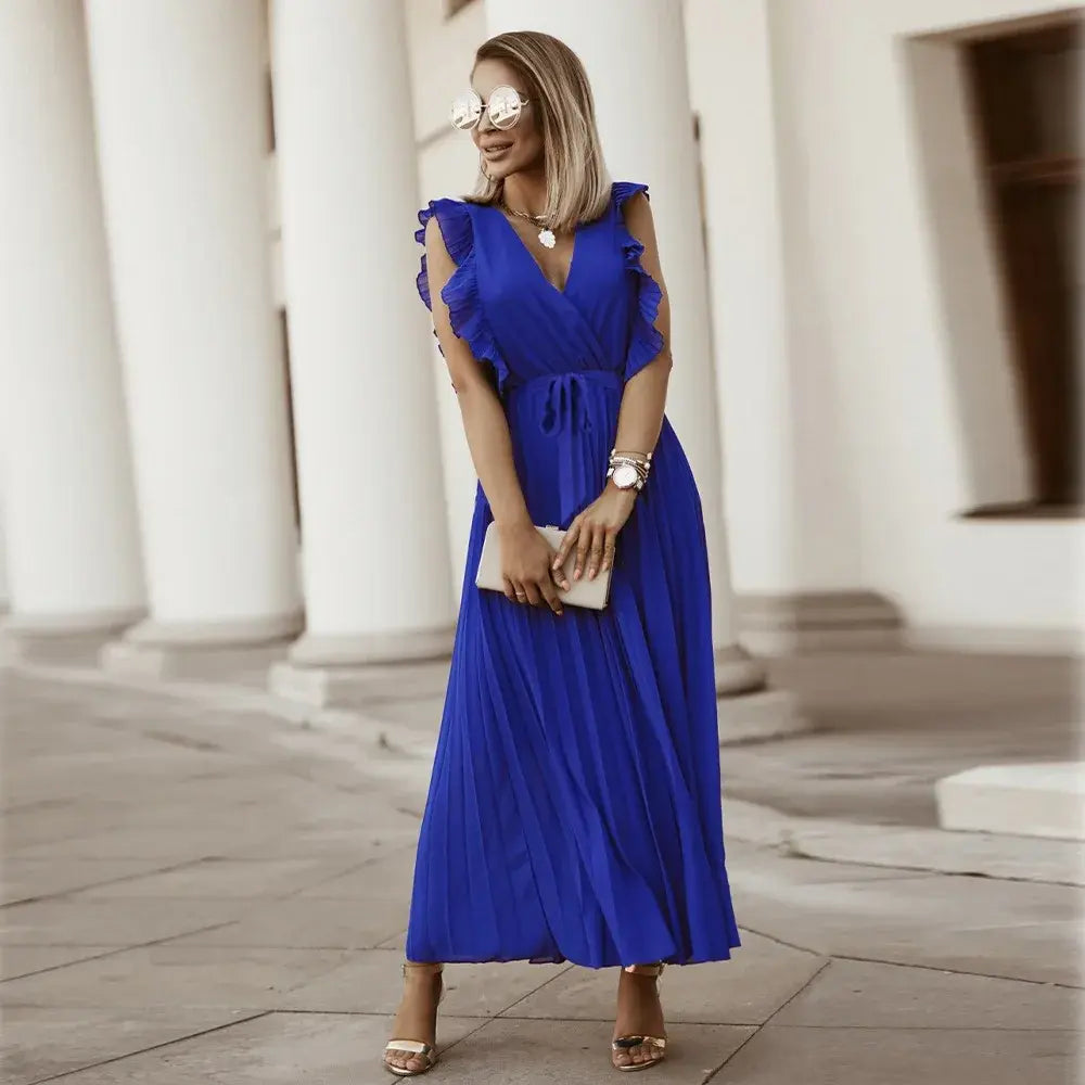 Royal blue ruffle maxi dress with V-neck and pleated skirt