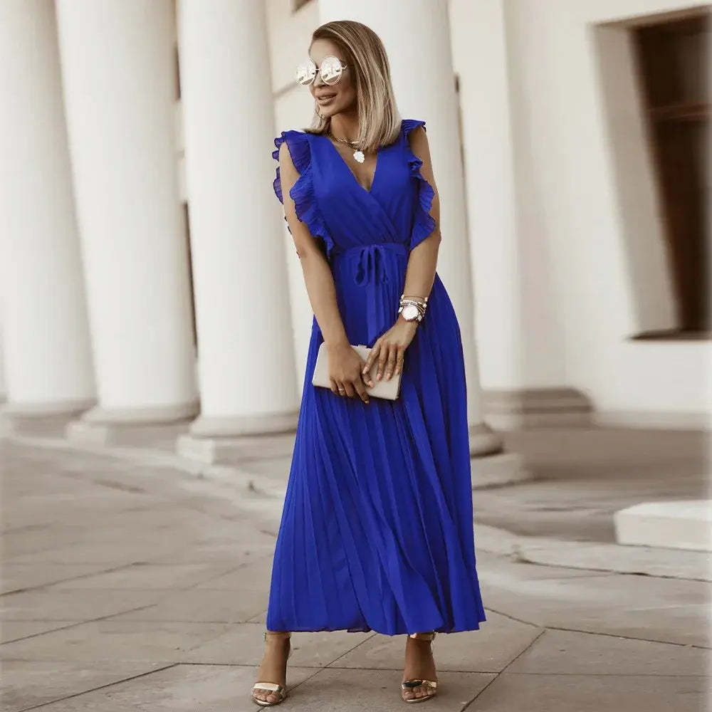 Royal blue ruffle maxi dress with V-neck and pleated skirt