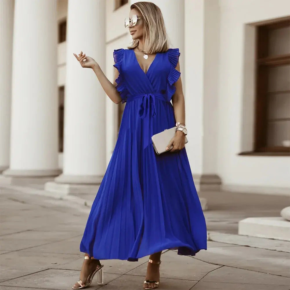 Royal blue wrap maxi dress with ruffled shoulders and tie waist