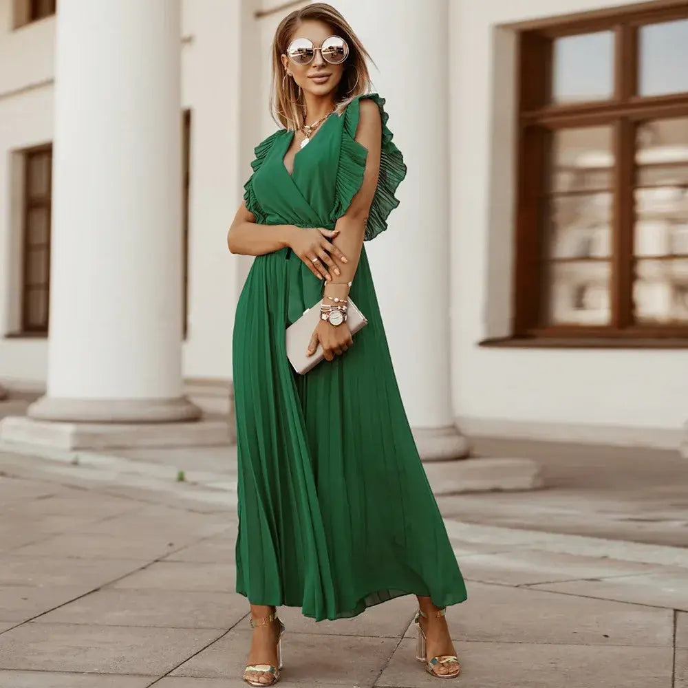 Emerald green ruffle maxi dress with cold-shoulder ruffles