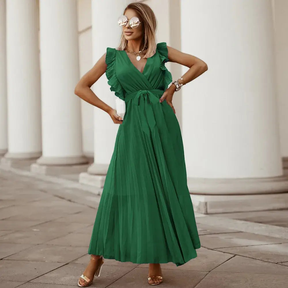 Front view emerald green maxi dress with V-neck ruffle trim